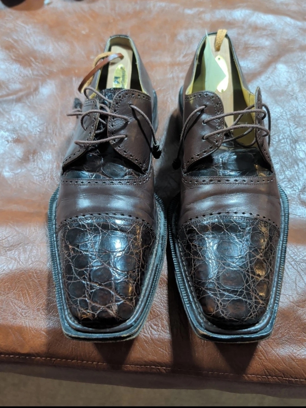 Mezlan Genuine Caiman Crocodile & Leather Wingtip Derby Shoes - Brown - Size 10